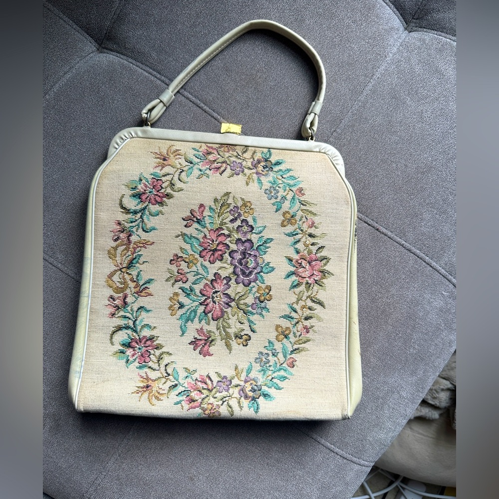 Vintage Cream Floral Embroidered Tote